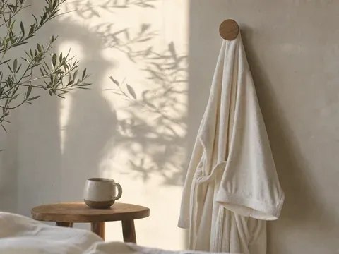 A soft robe and morning coffee in warm light, spray tan aftercare made easy