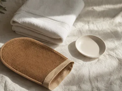 Exfoliating mitt and towel laid out on linen, spray tan preparation