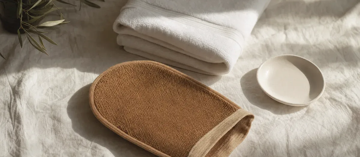 Exfoliating mitt, cotton towel and ceramic dish laid out on linen, preparing for a spray tan
