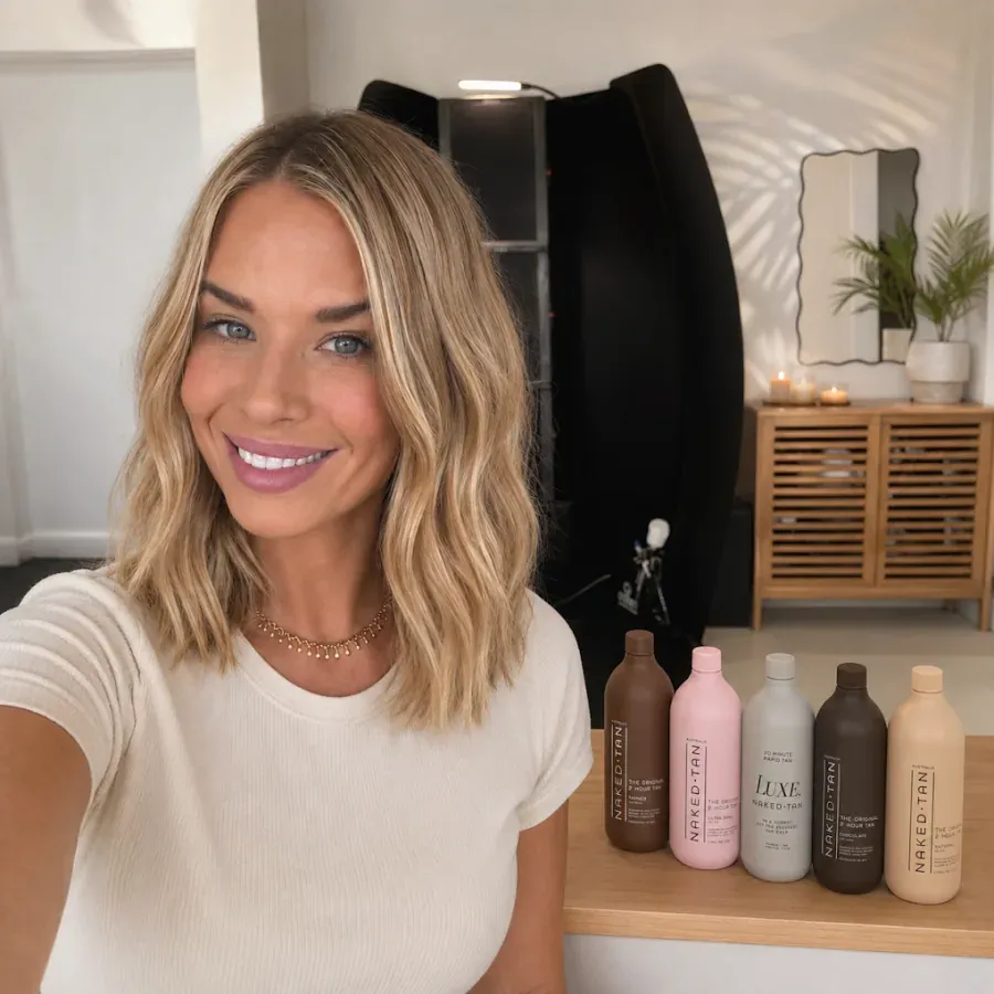 Jodie in her Secret Harbour spray tan studio with the tanning booth and Naked Tan solutions behind her