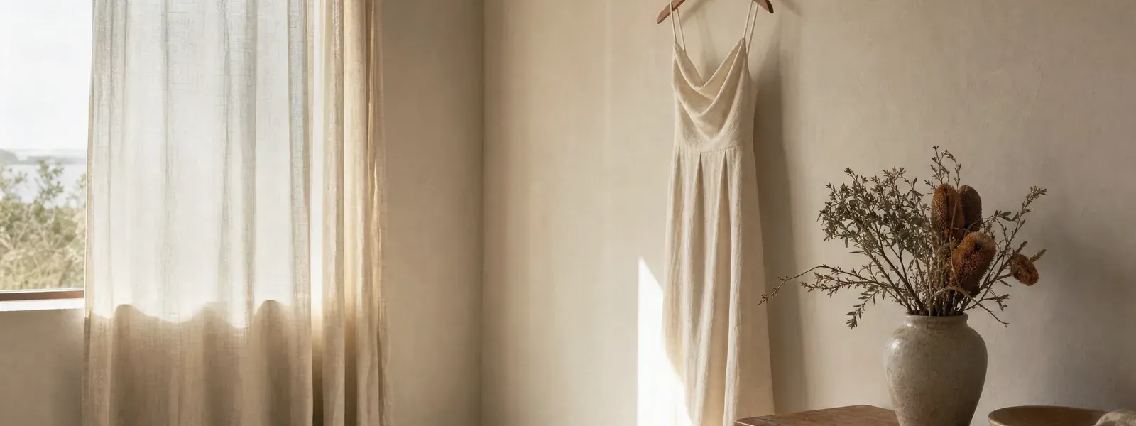 Event-morning still life, a linen dress and dried florals in soft window light